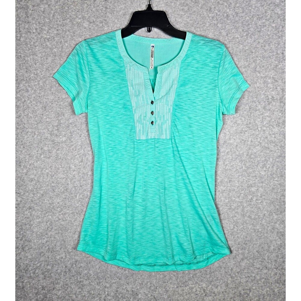 Kuhl Womens Small S Henley Top Shirt Mint Green Short Sleeve Embroidered Boho S